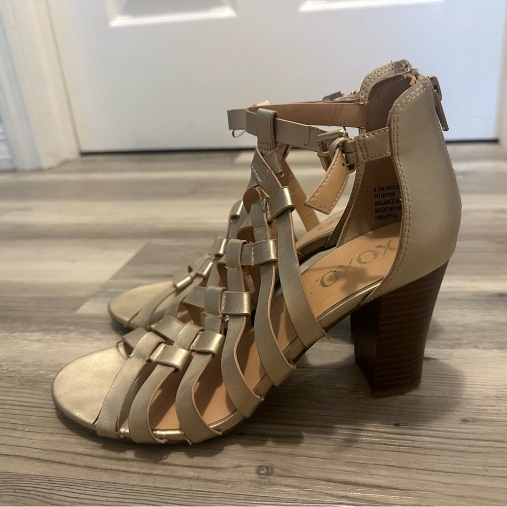 XOXO Gold Metallic Strappy Block Heel Sandals Size 8.5M